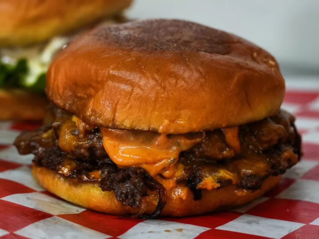Close-up of a double smash burger with melted cheese and a special sauce on a toasted brioche bun, a popular dish at a Local Burger Joint near Laterna Villa.