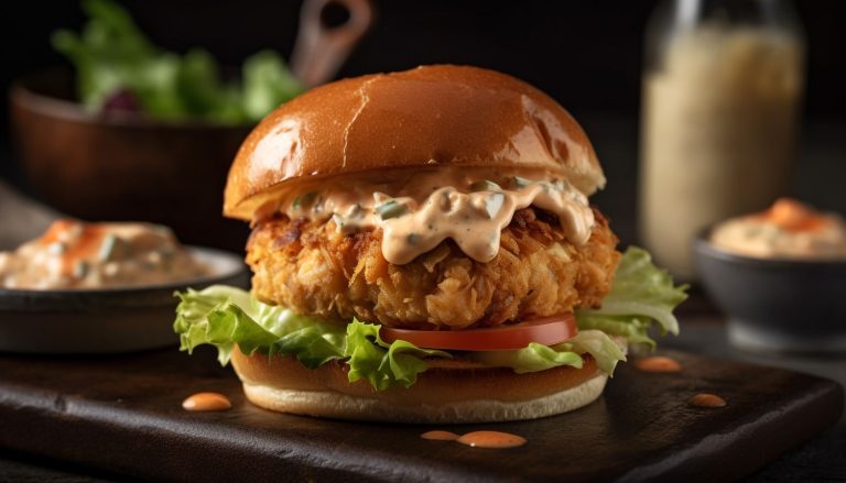Delicious chicken burger in Sugar Land with spicy sauce, lettuce, and tomato, served with dipping sauce.