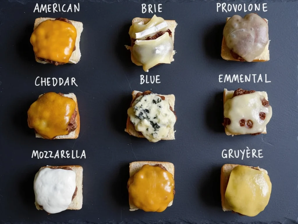 Explore burger food truck options in Sugar Land TX with a variety of melted cheeses like American, Brie, and Cheddar on tasty sliders.