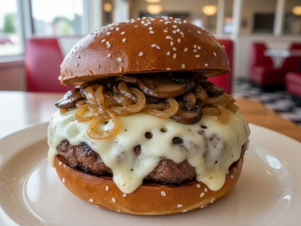 Indulge in burger food truck delights in Sugar Land TX: juicy patty topped with melted cheese, sautéed mushrooms, and caramelized onions on a sesame bun.