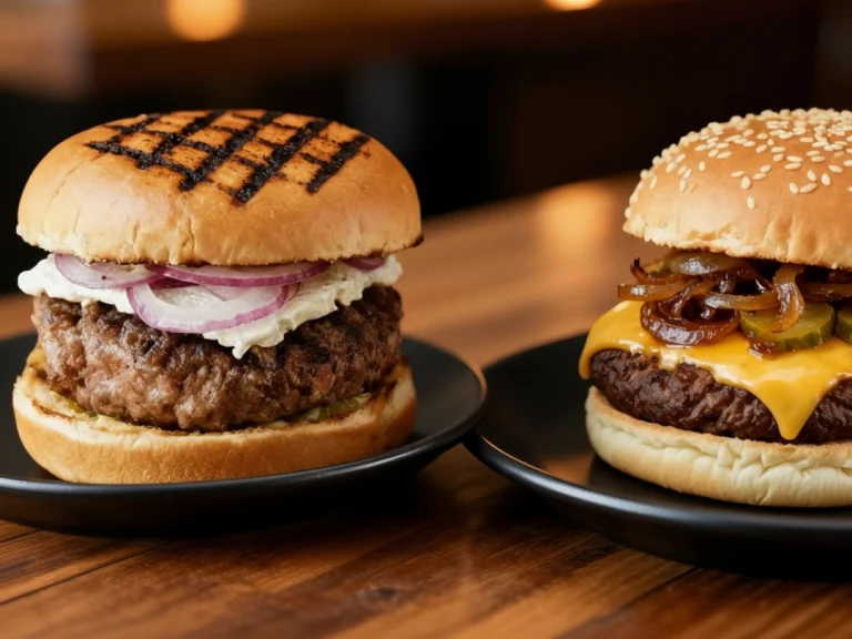 Juicy burger catering in Sugar Land: grilled patties with caramelized onions, cheese, and creamy sauce on toasted buns, served on a sleek plate.