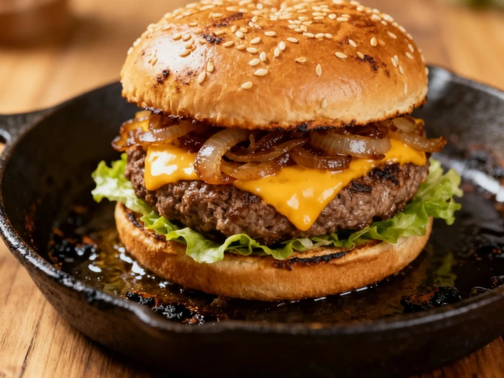 Savor burger catering in Sugar Land with a hearty patty, melted cheese, caramelized onions, lettuce, and sesame bun, presented in a rustic skillet.