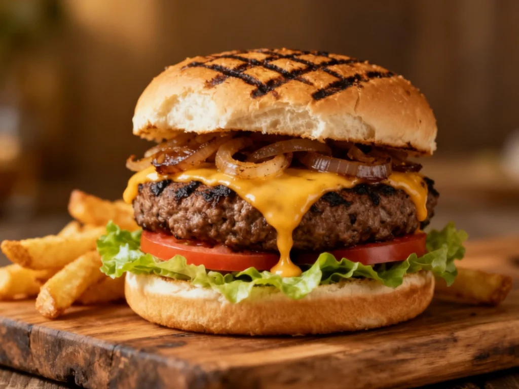 Delicious burger catering in Sugar Land: grilled patty with gooey cheese, caramelized onions, fresh tomato, and lettuce, served with fries on a wooden table.