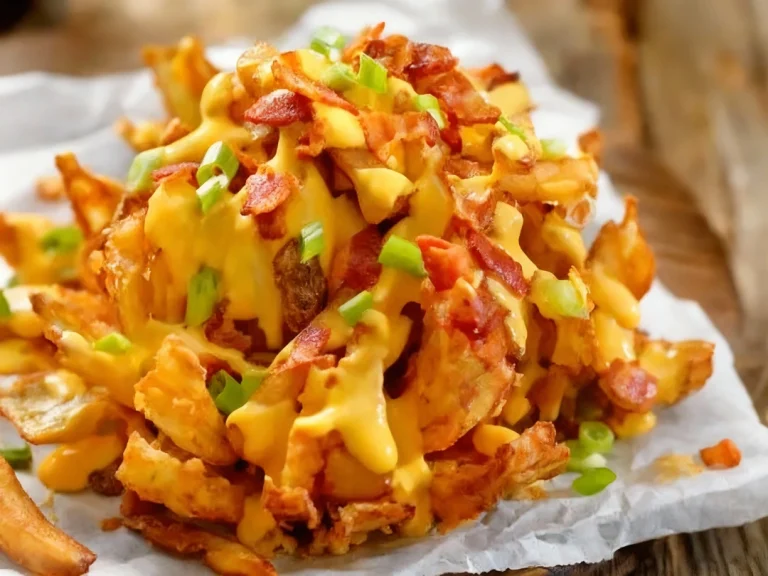 Savory loaded fries in Sugar Land with melted cheese, crispy bacon, green onions, and creamy sauce, perfect for a delicious late-night snack.