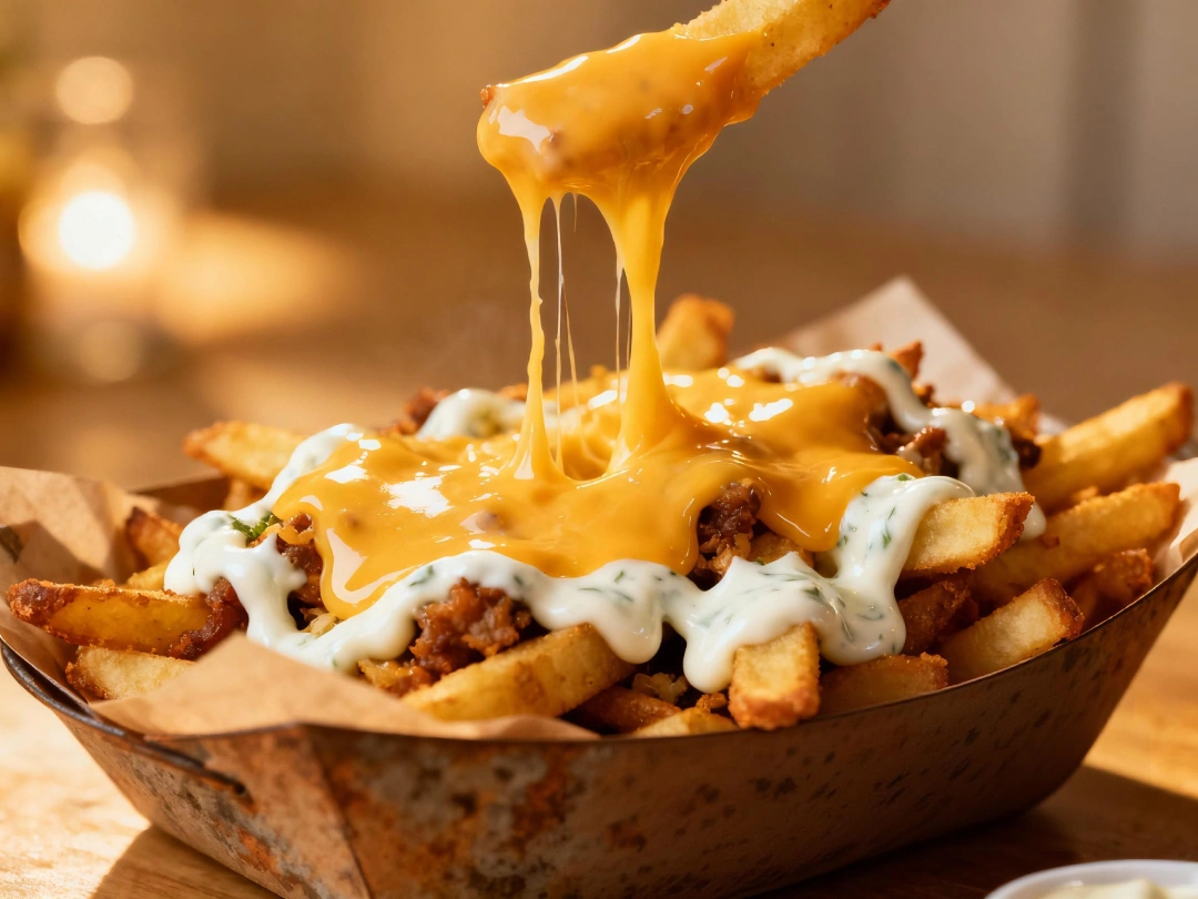 Enjoy loaded fries in Sugar Land: gooey melted cheese dripping over crispy fries, topped with bacon and green onions, served fresh and hot.