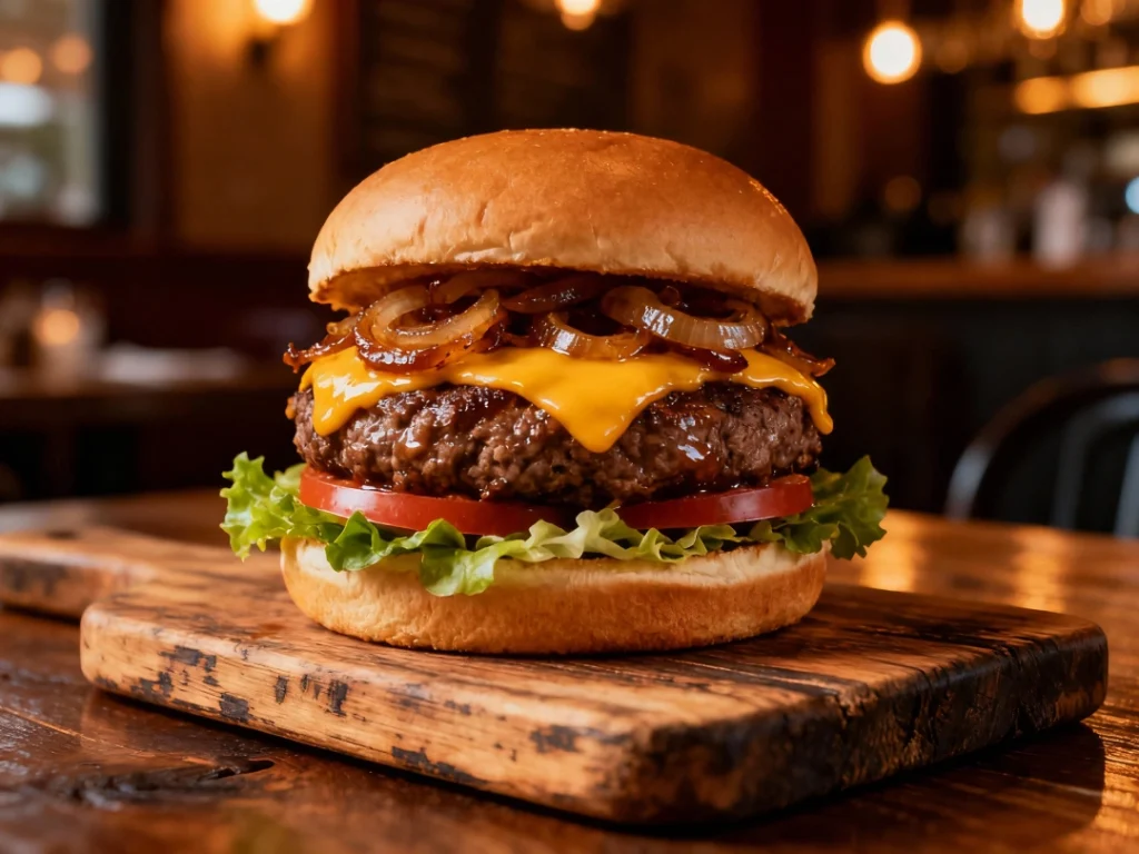 Delicious late night burgers in Sugar Land: juicy beef patty topped with caramelized onions, melted cheddar, fresh tomato, and crisp lettuce on a toasted bun in a cozy diner setting.