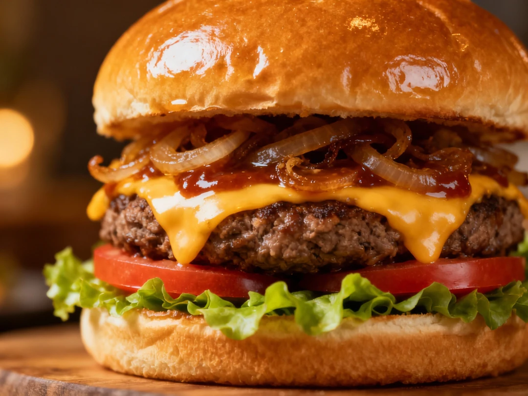 Close-up of mouthwatering late night burgers in Sugar Land: savory patty with gooey melted cheese, sweet caramelized onions, ripe tomato slices, and lettuce on a shiny brioche bun.