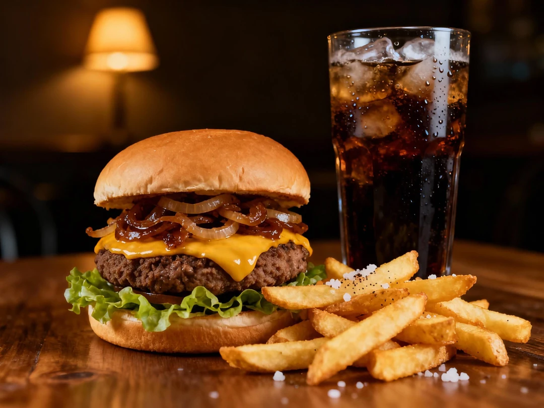 Satisfy your cravings with late night burgers in Sugar Land, paired with crispy fries and a refreshing cola, featuring caramelized onions, cheese, and fresh veggies for the ultimate meal.