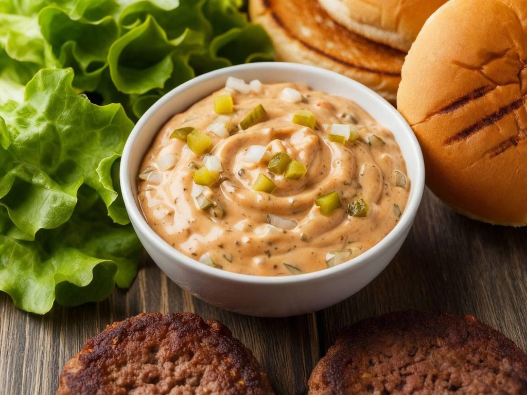Close-up of creamy house-made burger sauce topped with diced pickles – one of the best burgers in Sugar Land