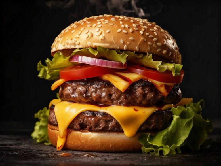 Double cheeseburger with oozing melted cheddar, fresh toppings – one of the best burgers in Sugar Land.