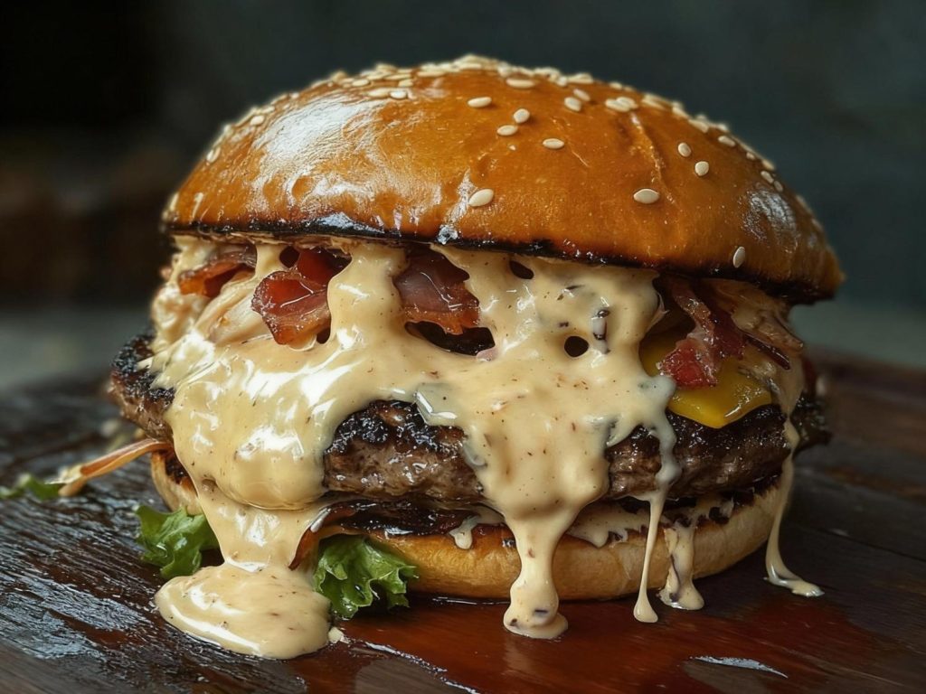 Juicy bacon cheeseburger dripping with creamy sauce, ultimate pick for best burgers in Sugar Land.