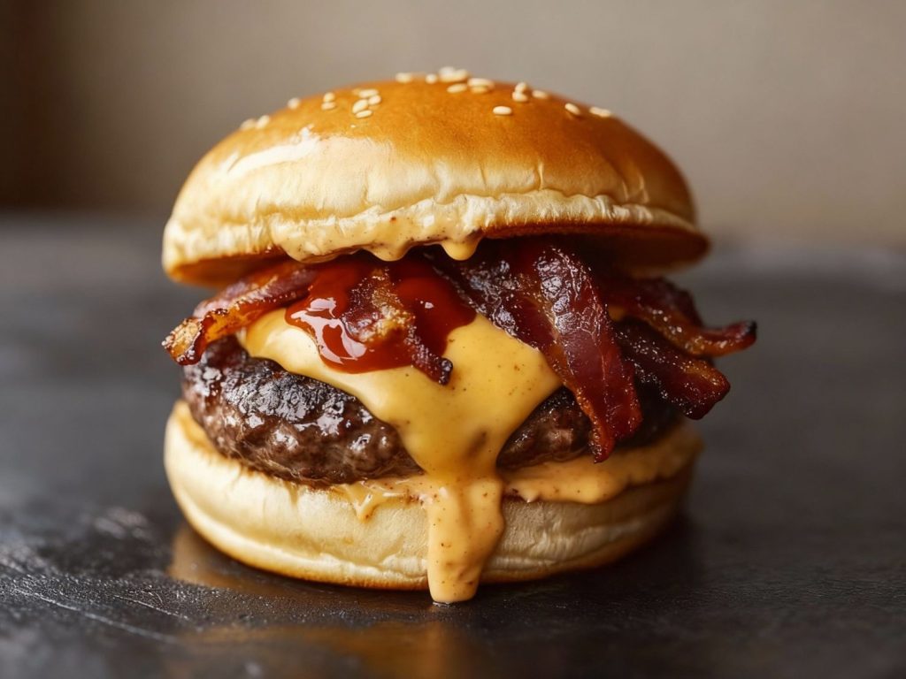Gourmet bacon burger with glossy BBQ glaze and crispy strips – top-rated best burgers in Sugar Land.