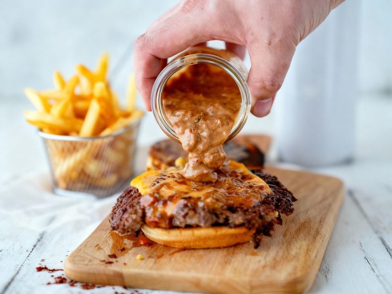 Hand pouring signature burger sauce over a gourmet burger with melted cheese at the best burgers in Sugar Land