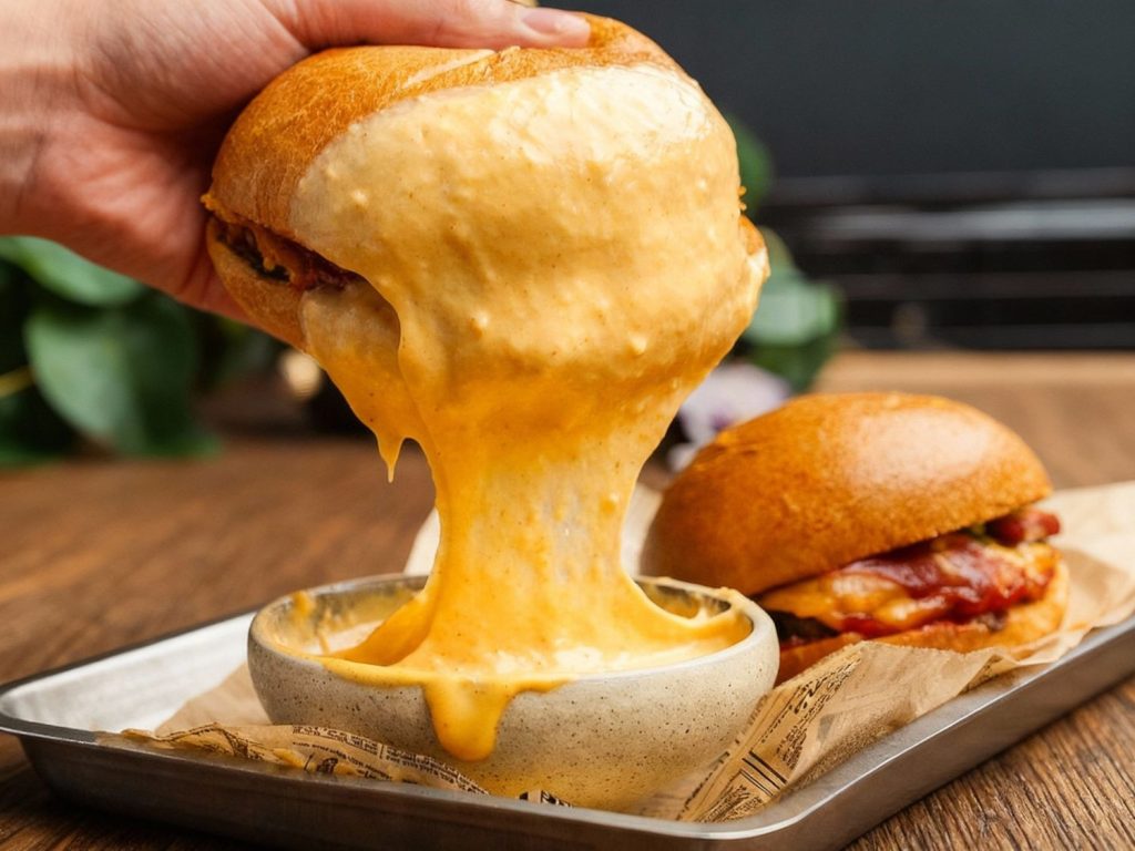 Epic cheese pull from a loaded juicy cheeseburger being dipped into rich sauce – served with juicy cheeseburgers in Sugar Land