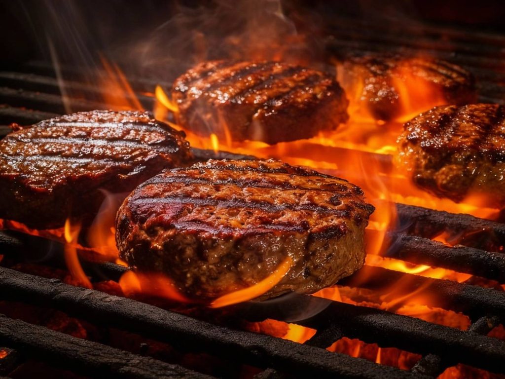 Flame-grilled juicy beef patties sizzling on the grill for premium burger catering in Sugar Land