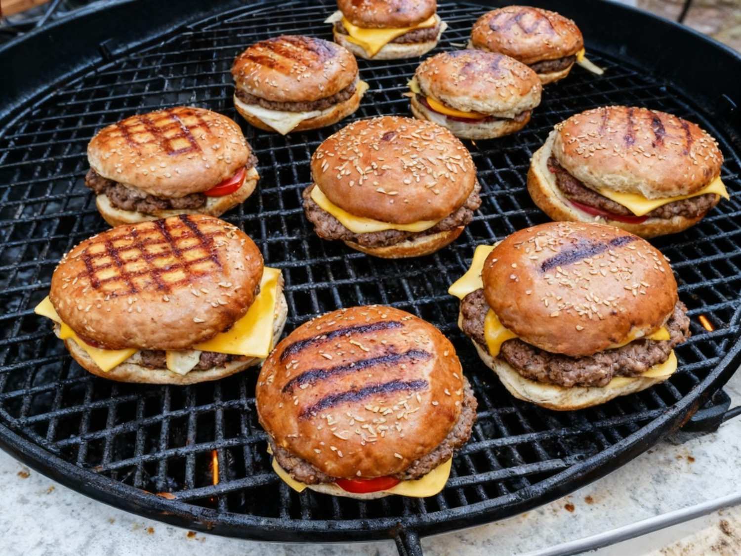 Grilled affordable burgers with cheese on round BBQ in Sugar Land TX, perfect for outdoor feasts.
